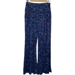 Lucky Brand Pants Womens M Blue Wide Leg Flare Flowy Pullon Boho Floral Stretch